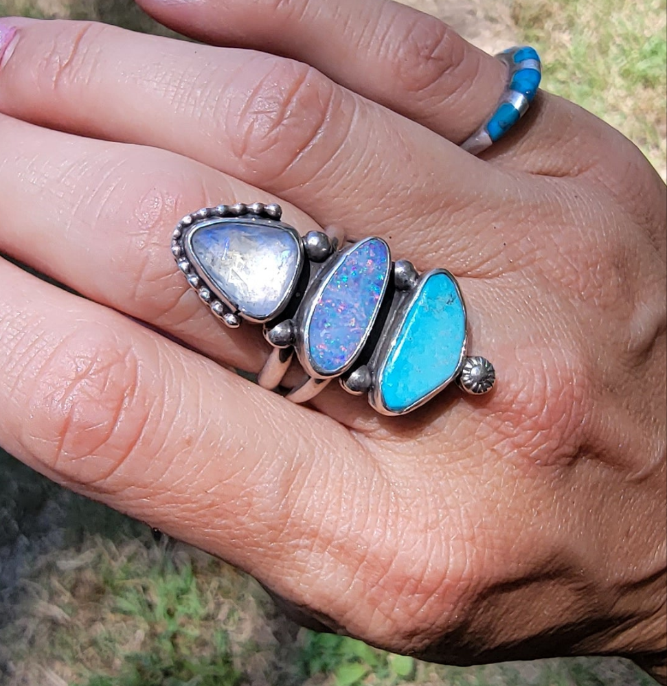 Sz 7.5 Australian Pipe Opal, Turquoise and Moonstone Ring