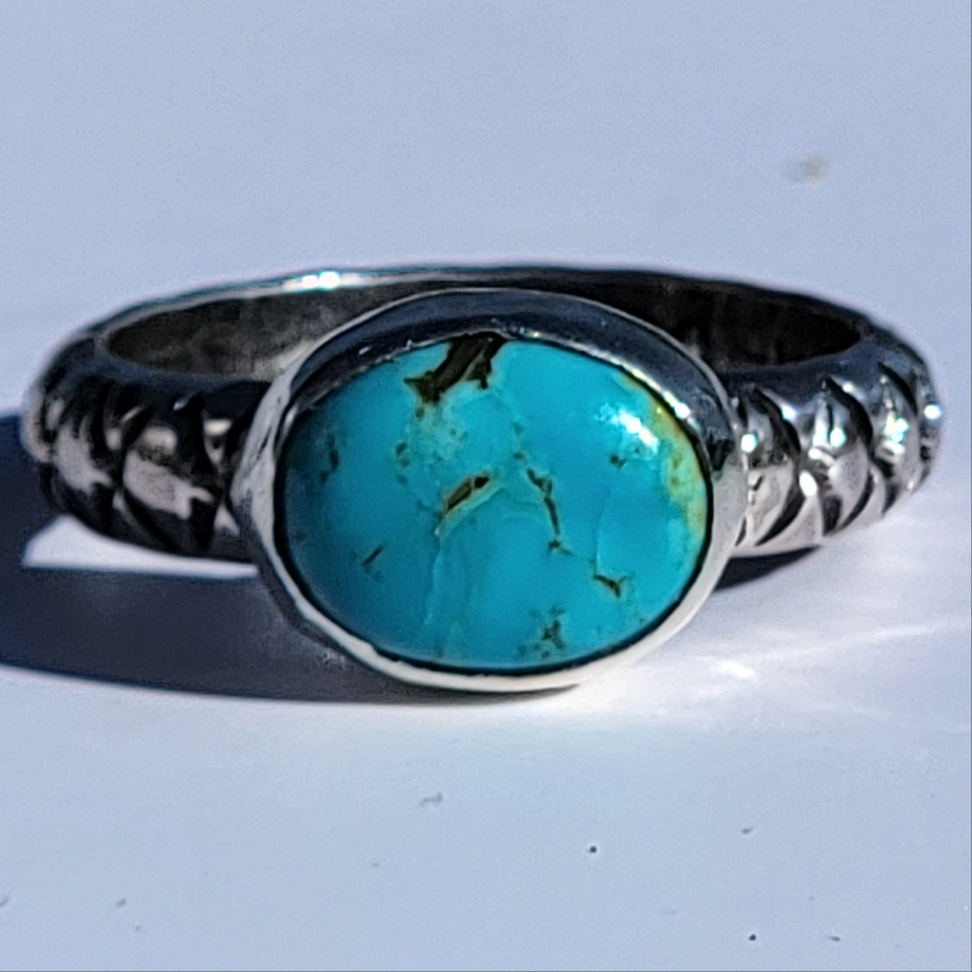 Sz. 6.5 Royston Turquoise and Stamped Details Sterling Ring