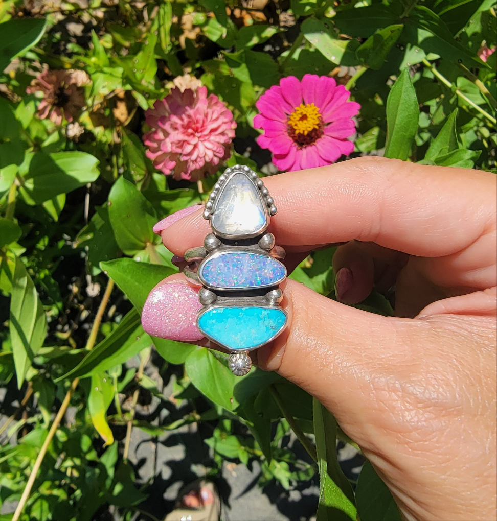 Sz 7.5 Australian Pipe Opal, Turquoise and Moonstone Ring