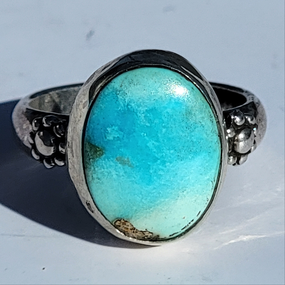 Sz. 5.25 Royston Turquoise and Stamped Details Sterling Ring