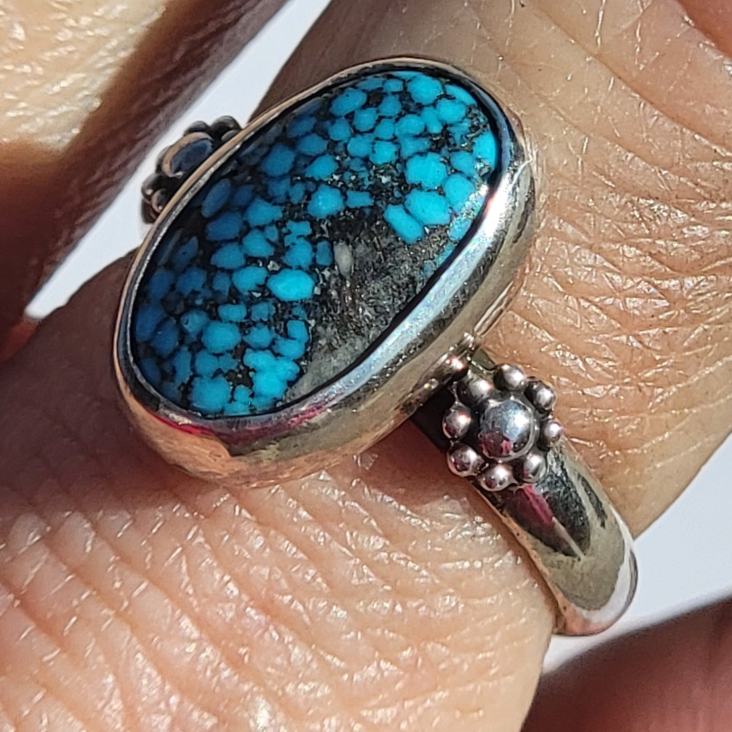 Sz. 7 Kingman Web Turquoise and Stamped Details Sterling Ring
