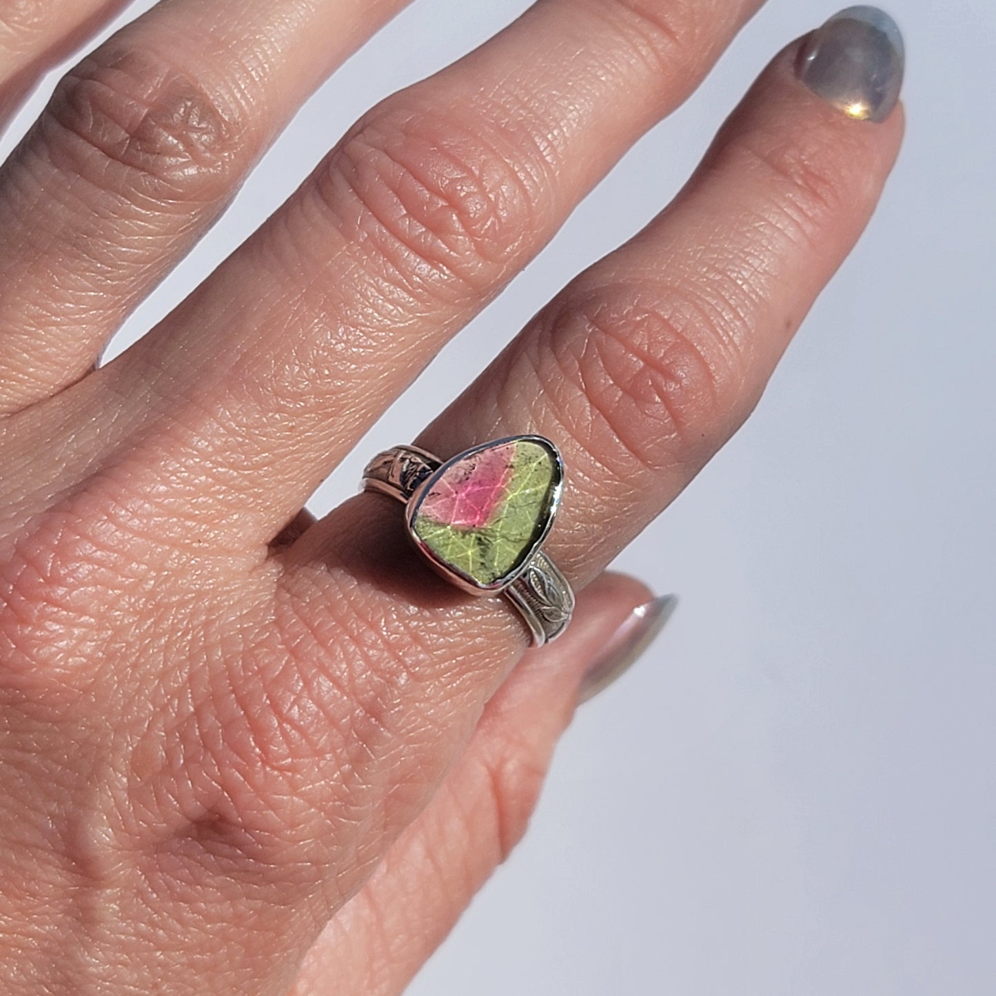 Sz. 8 Watermelon Tourmaline Ring with floral band