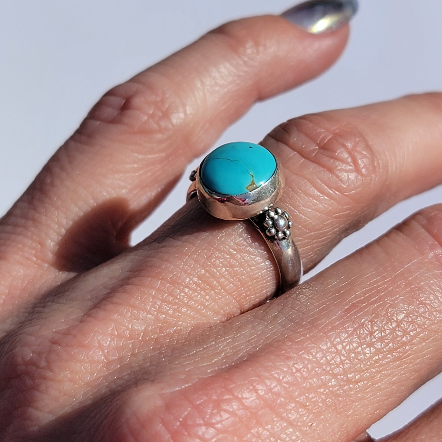 Sz. 5.75 Royston Turquoise and Stamped Details Sterling Ring