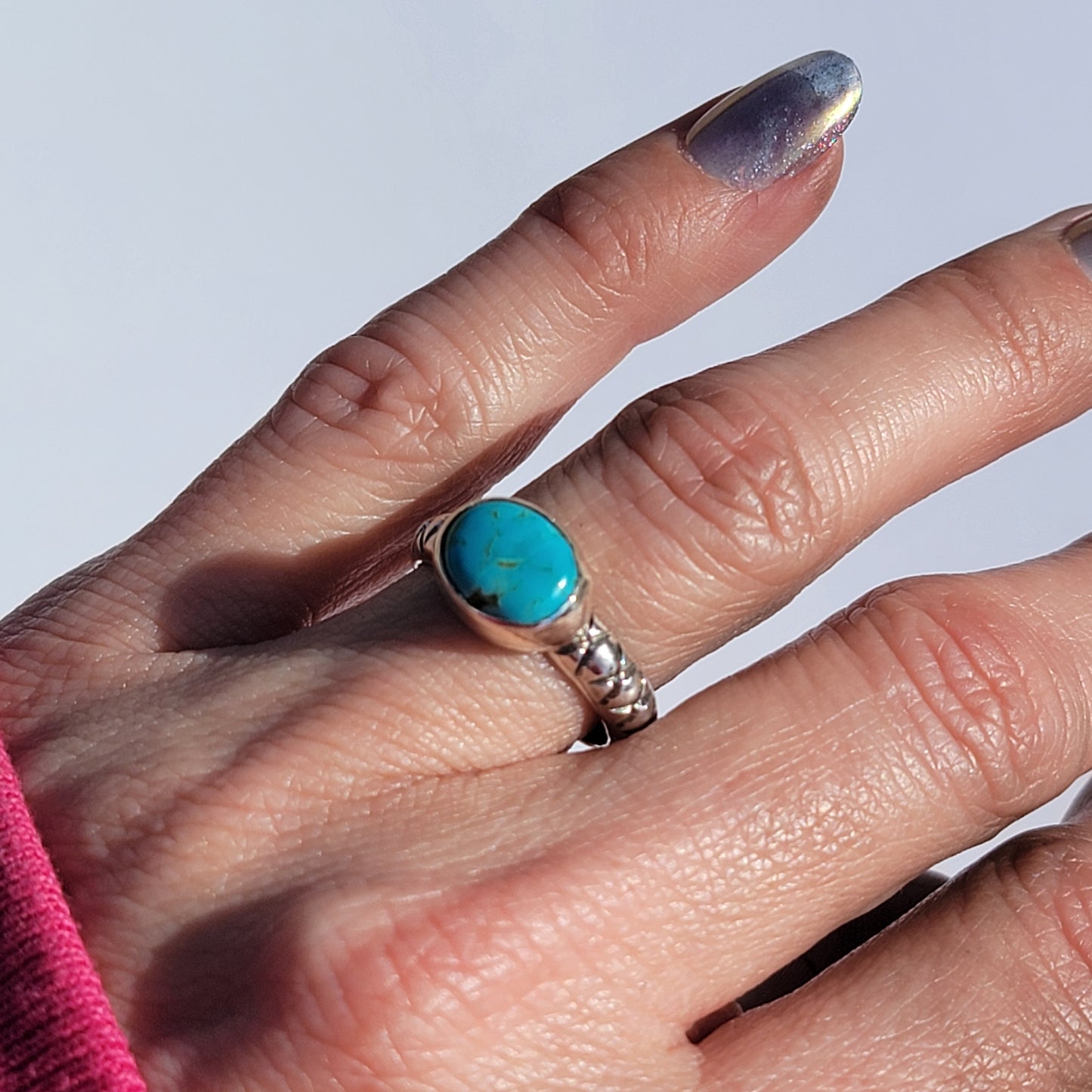 Sz. 6.5 Royston Turquoise and Stamped Details Sterling Ring