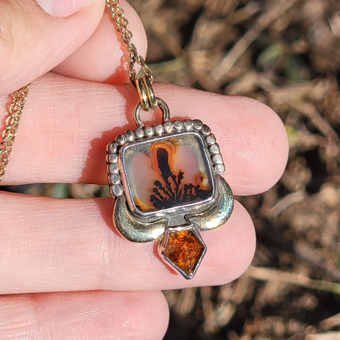 Dentritic Agate and Rose Cut Kyanite Pendant