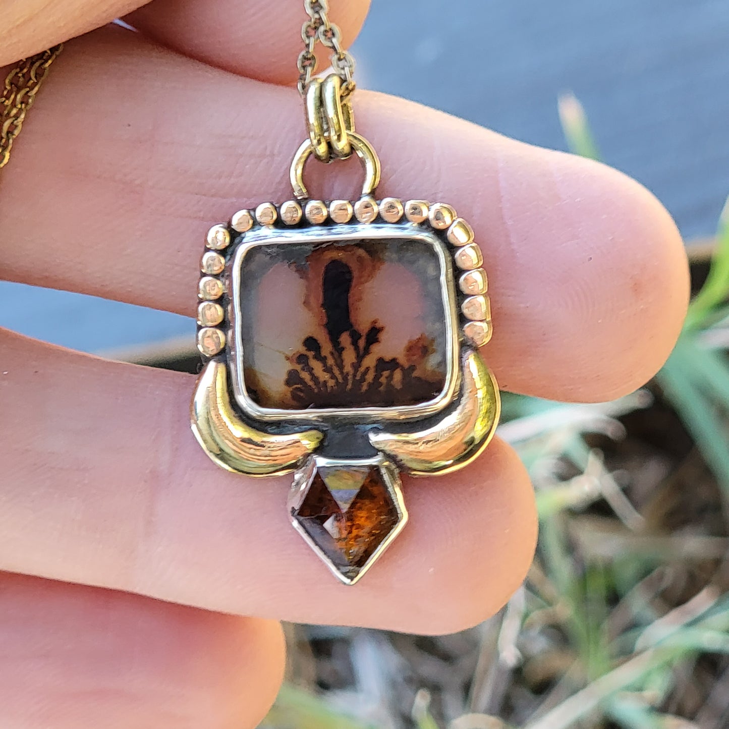 Dentritic Agate and Rose Cut Kyanite Pendant
