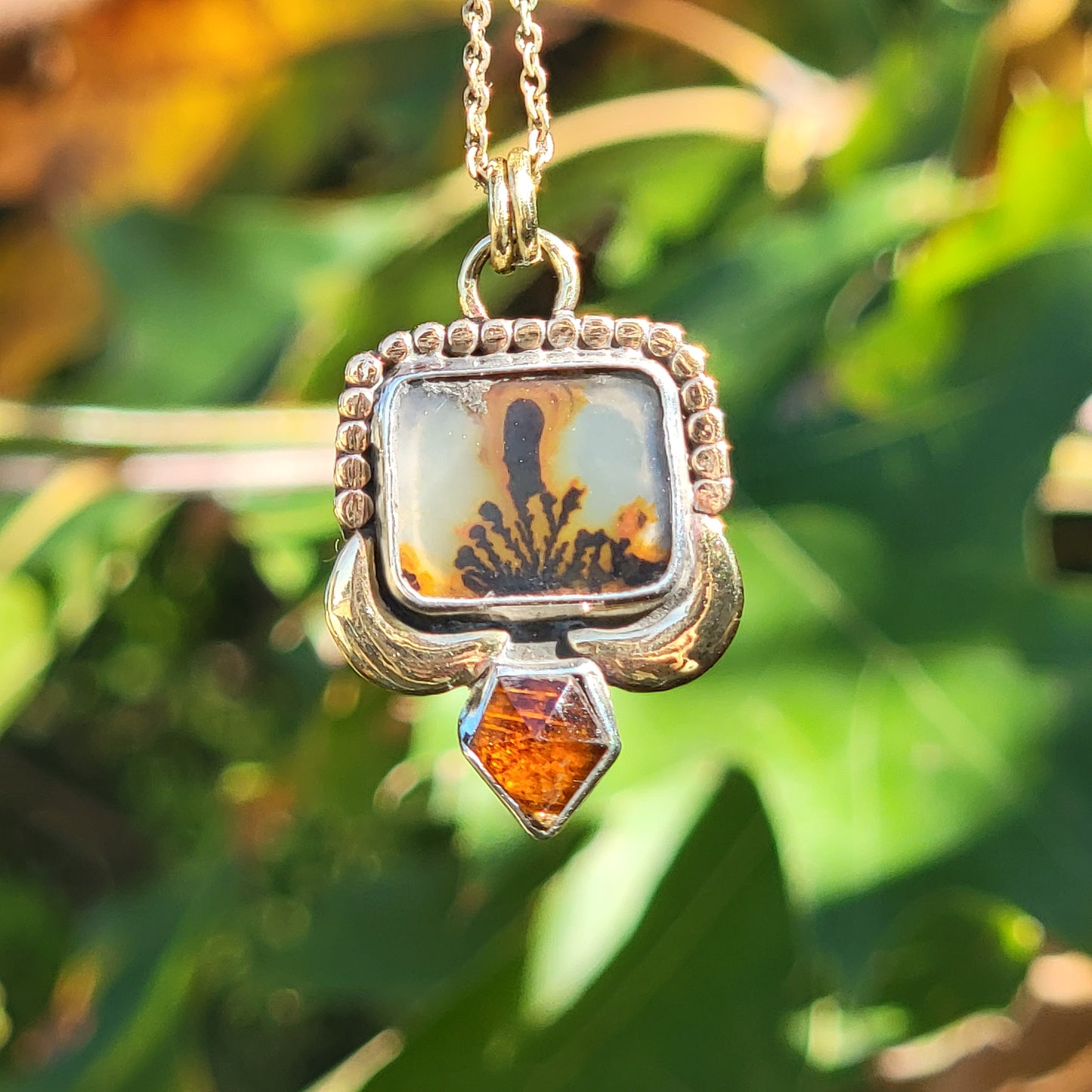 Dentritic Agate and Rose Cut Kyanite Pendant