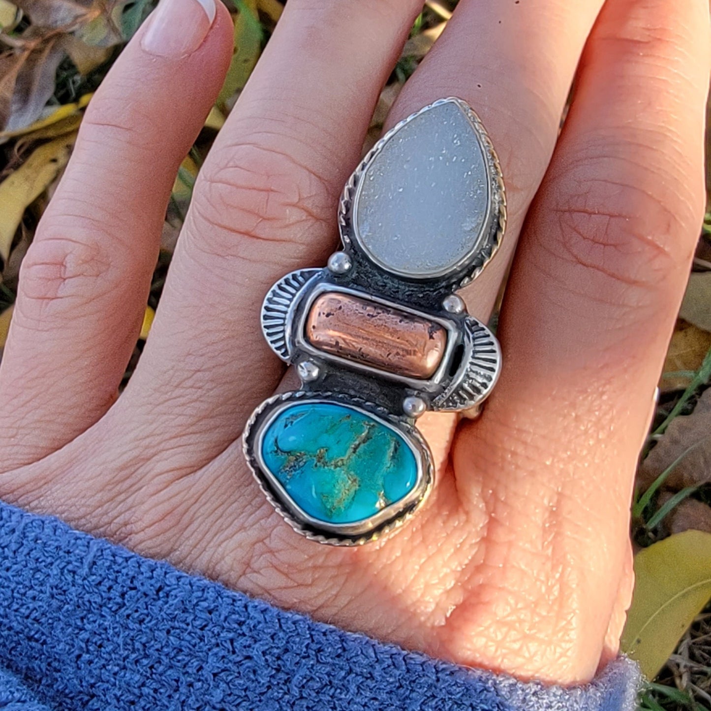 Turquoise Nugget, Native Copper, and druzy Quartz and Wide Double Stamped Band Ring Sz 10-10.25