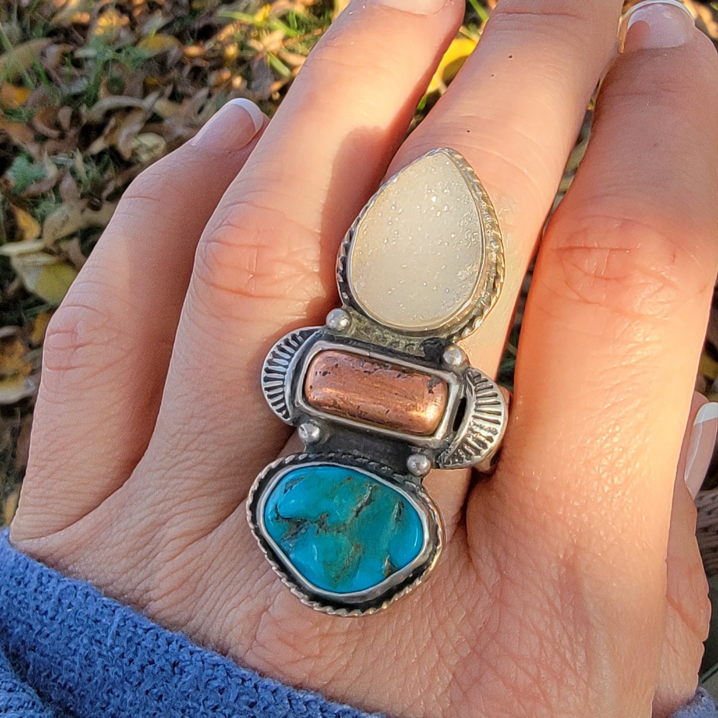 Turquoise Nugget, Native Copper, and druzy Quartz and Wide Double Stamped Band Ring Sz 10-10.25