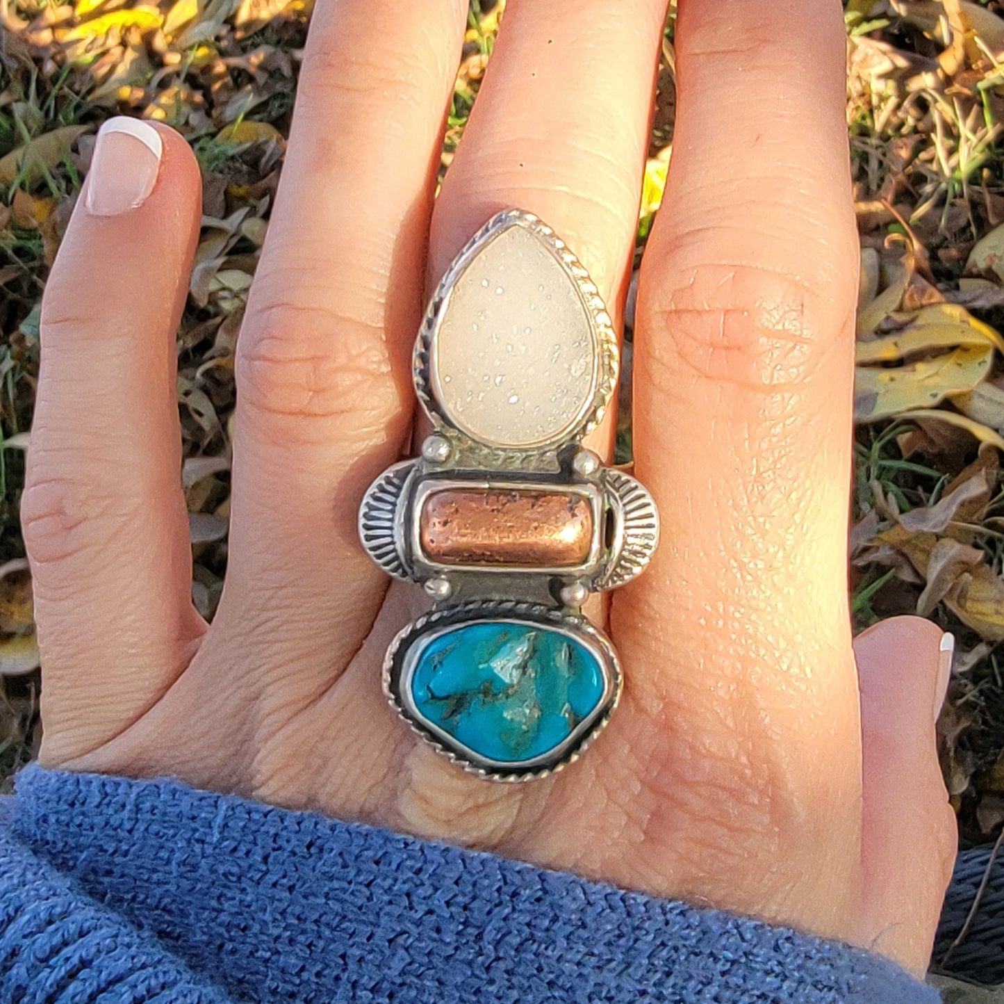 Turquoise Nugget, Native Copper, and druzy Quartz and Wide Double Stamped Band Ring Sz 10-10.25