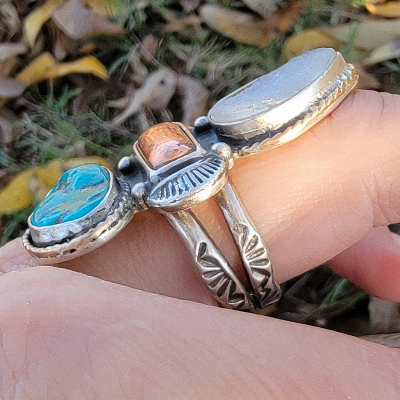 Turquoise Nugget, Native Copper, and druzy Quartz and Wide Double Stamped Band Ring Sz 10-10.25