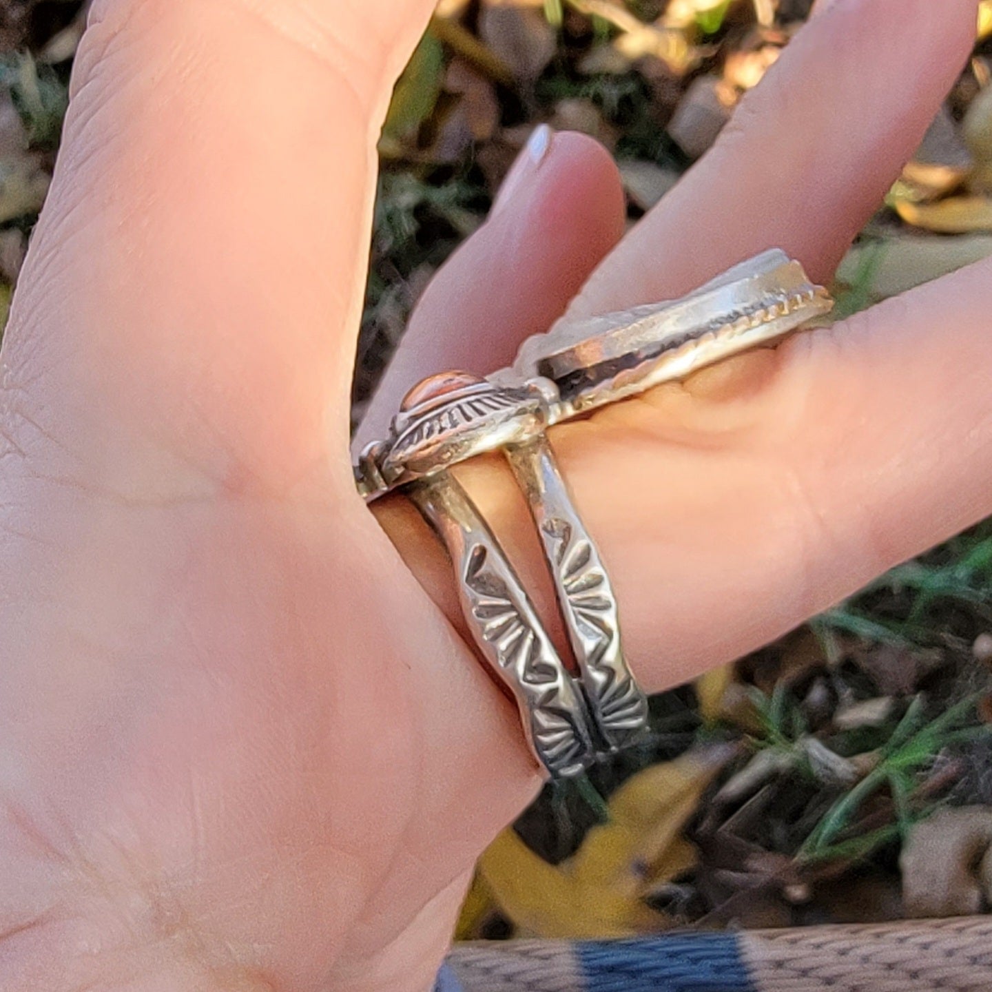 Turquoise Nugget, Native Copper, and druzy Quartz and Wide Double Stamped Band Ring Sz 10-10.25