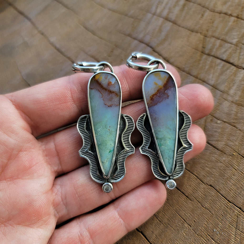 Blue Opalized Wood and Sterling Earrings