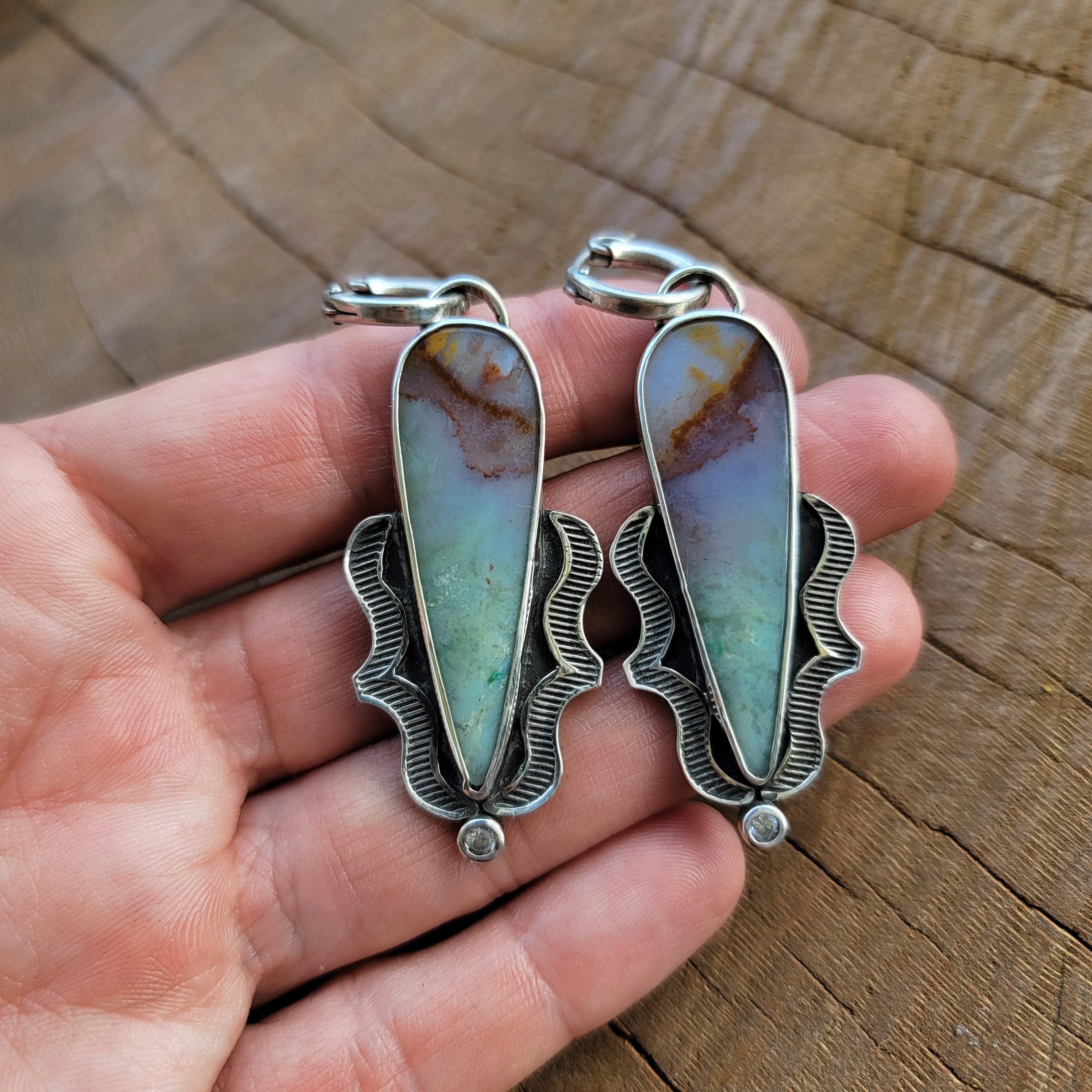 Blue Opalized Wood and Sterling Earrings