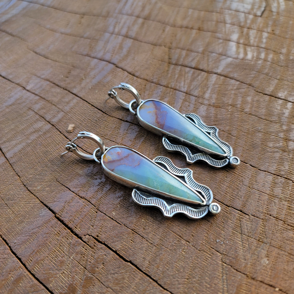 Blue Opalized Wood and Sterling Earrings