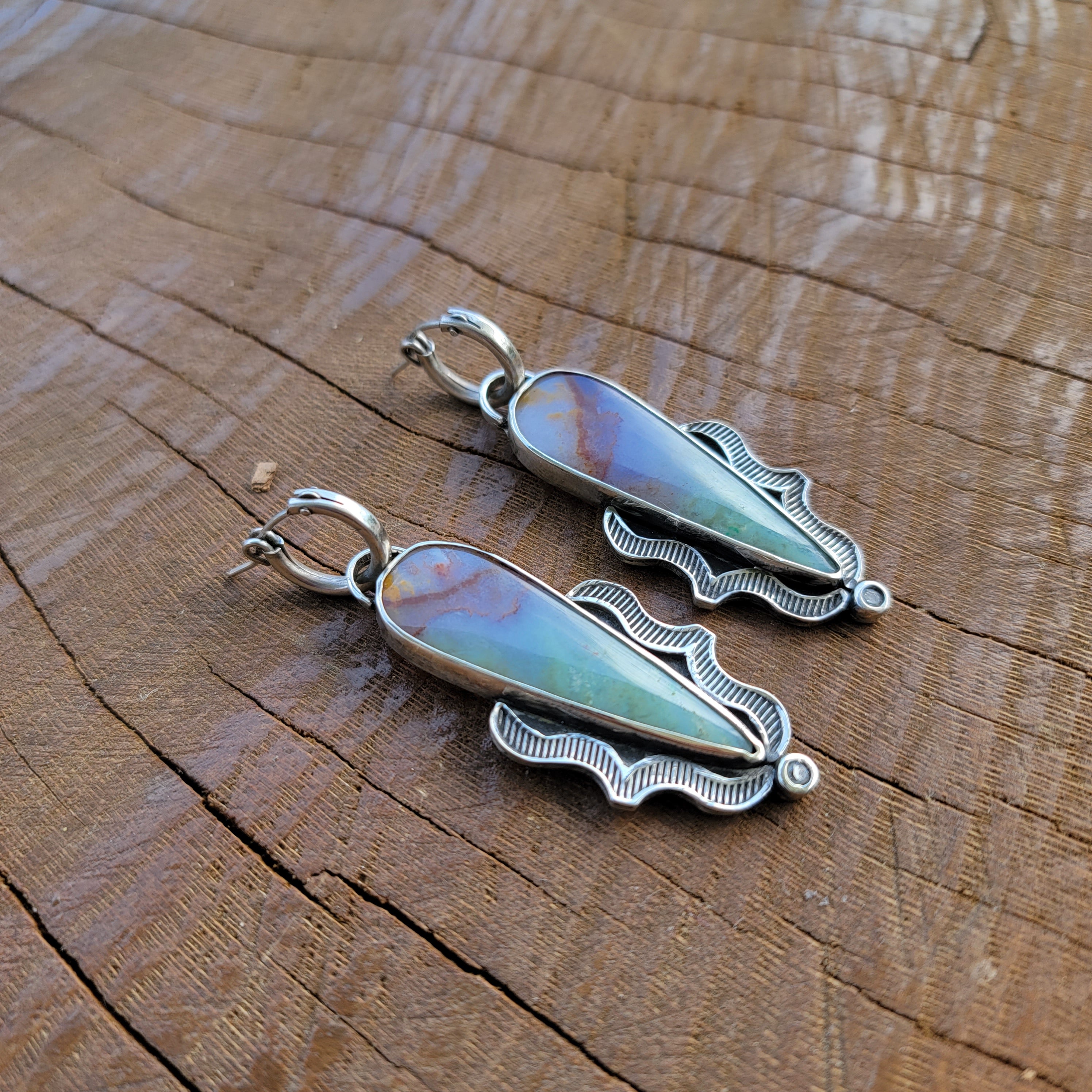 Blue Opalized Wood and Sterling Earrings