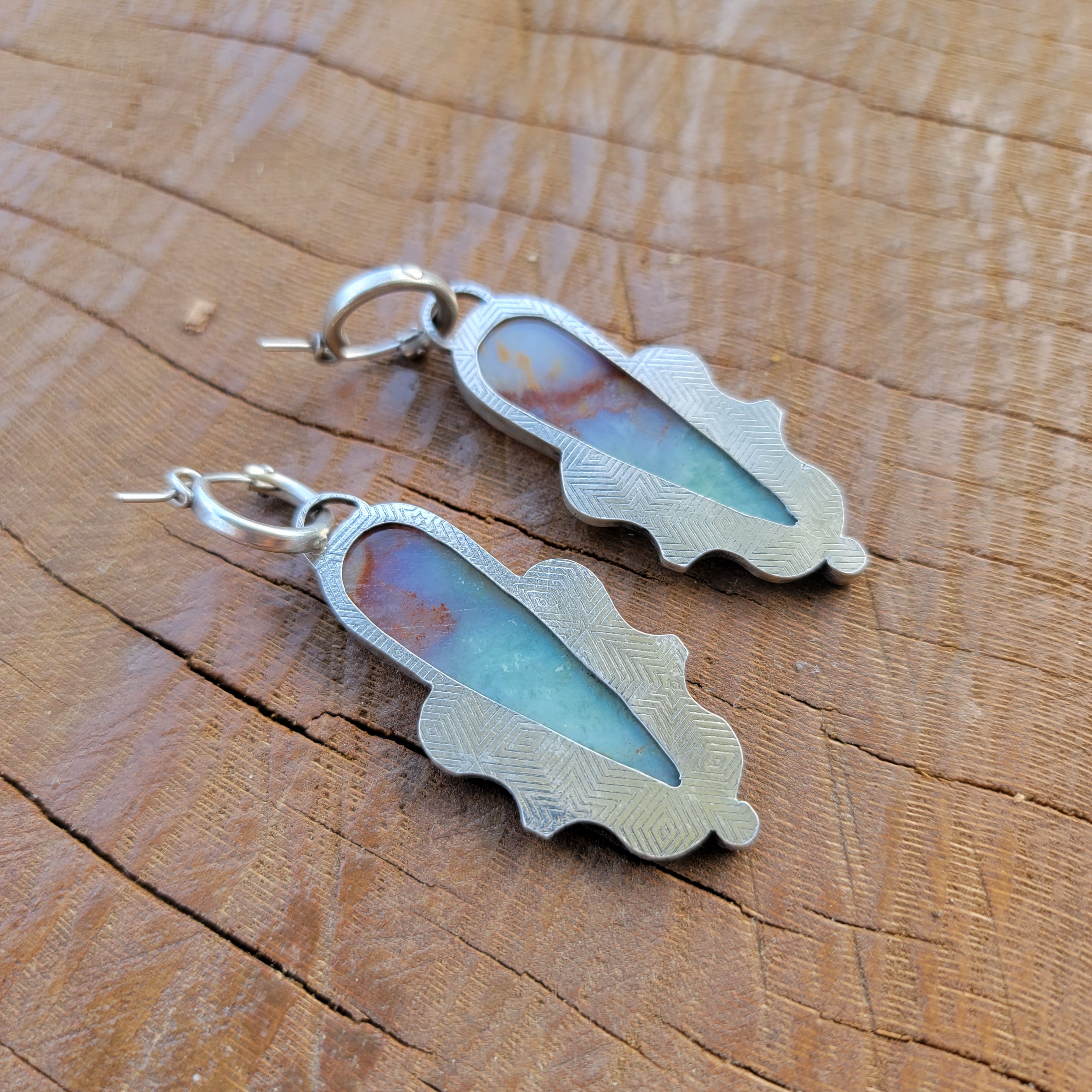 Blue Opalized Wood and Sterling Earrings