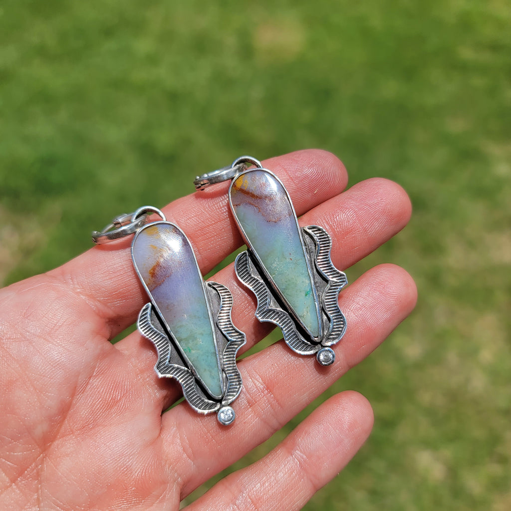 Blue Opalized Wood and Sterling Earrings