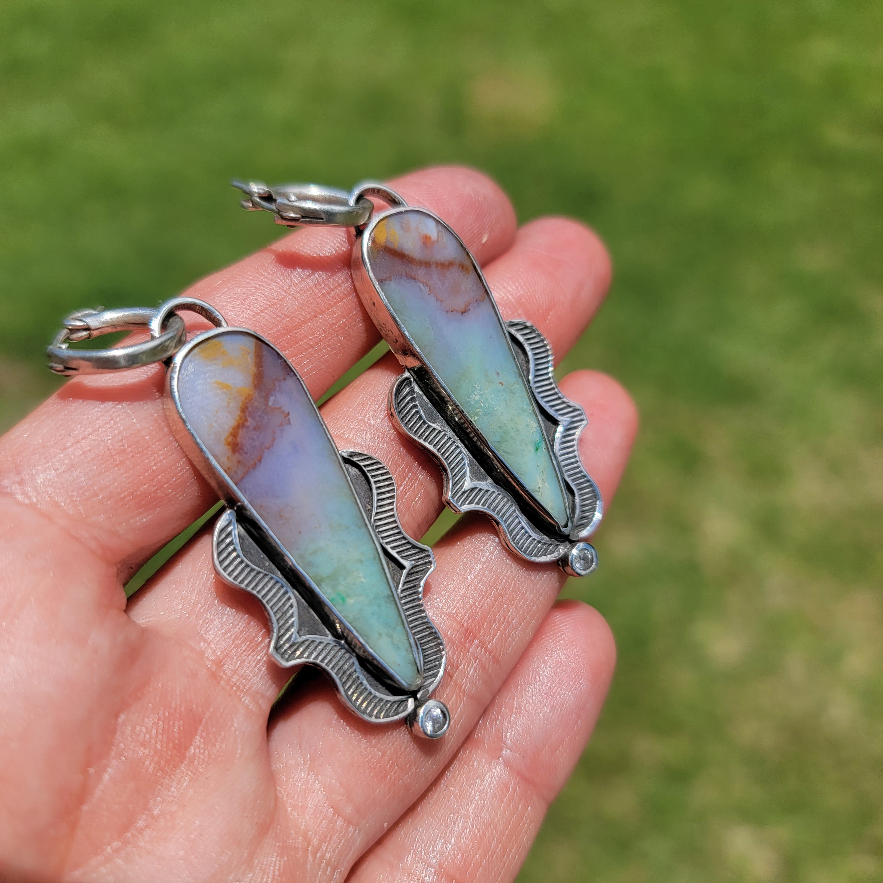 Blue Opalized Wood and Sterling Earrings