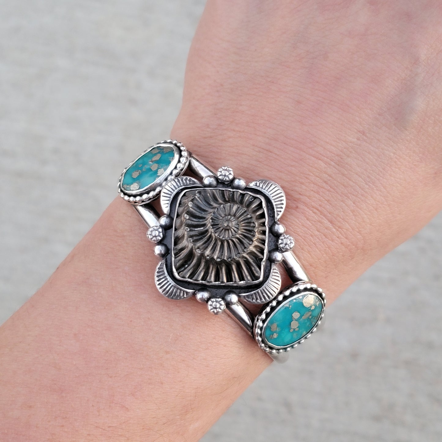 Ammonite Fossil Negative and Persian Turquoise with Stamped sterling details