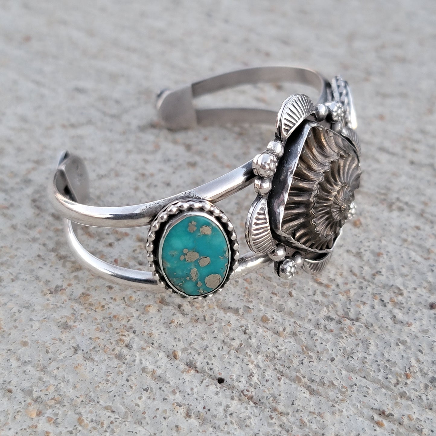 Ammonite Fossil Negative and Persian Turquoise with Stamped sterling details