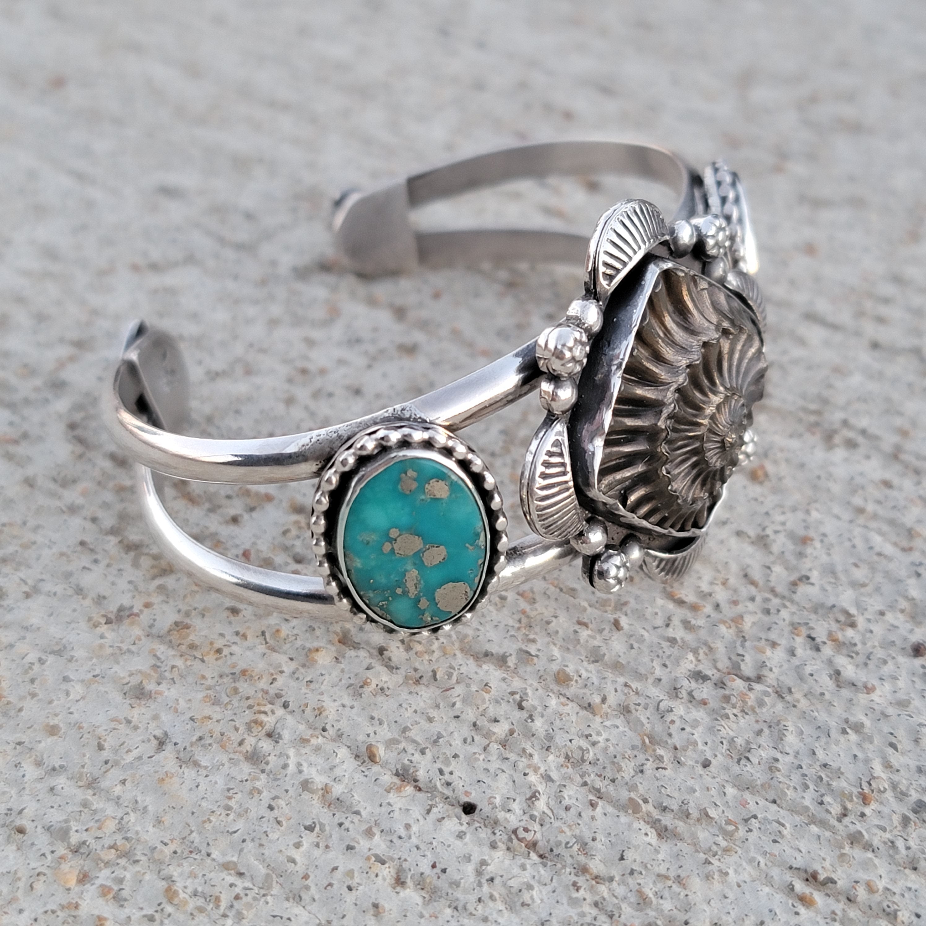 Ammonite Fossil Negative and Persian Turquoise with Stamped sterling details