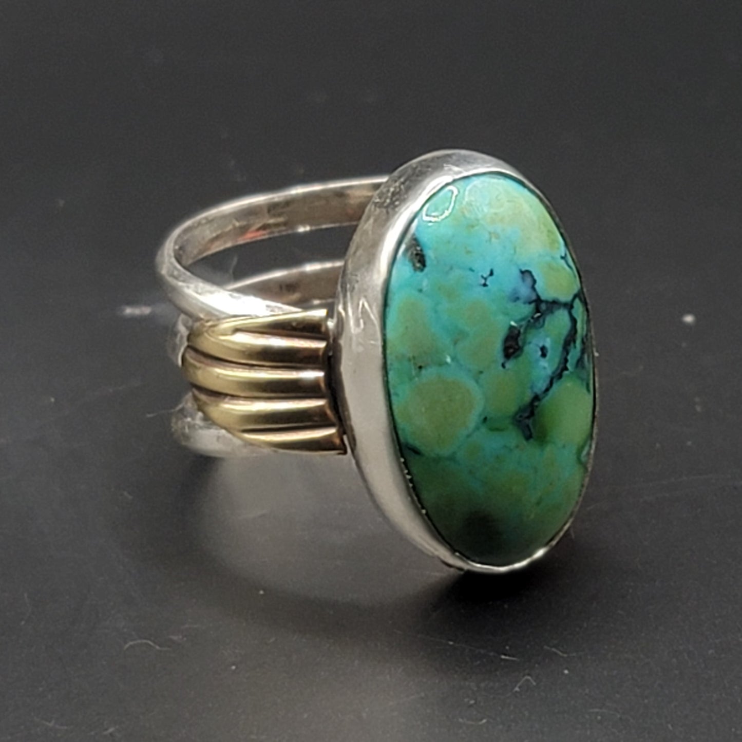 Sz. 7.5 Hubei Turquoise and Wide Triple Band Ring with Stamped Brass Accent