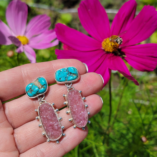 Turquoise Nugget, Cobalto Calcite and Sterling Earrings