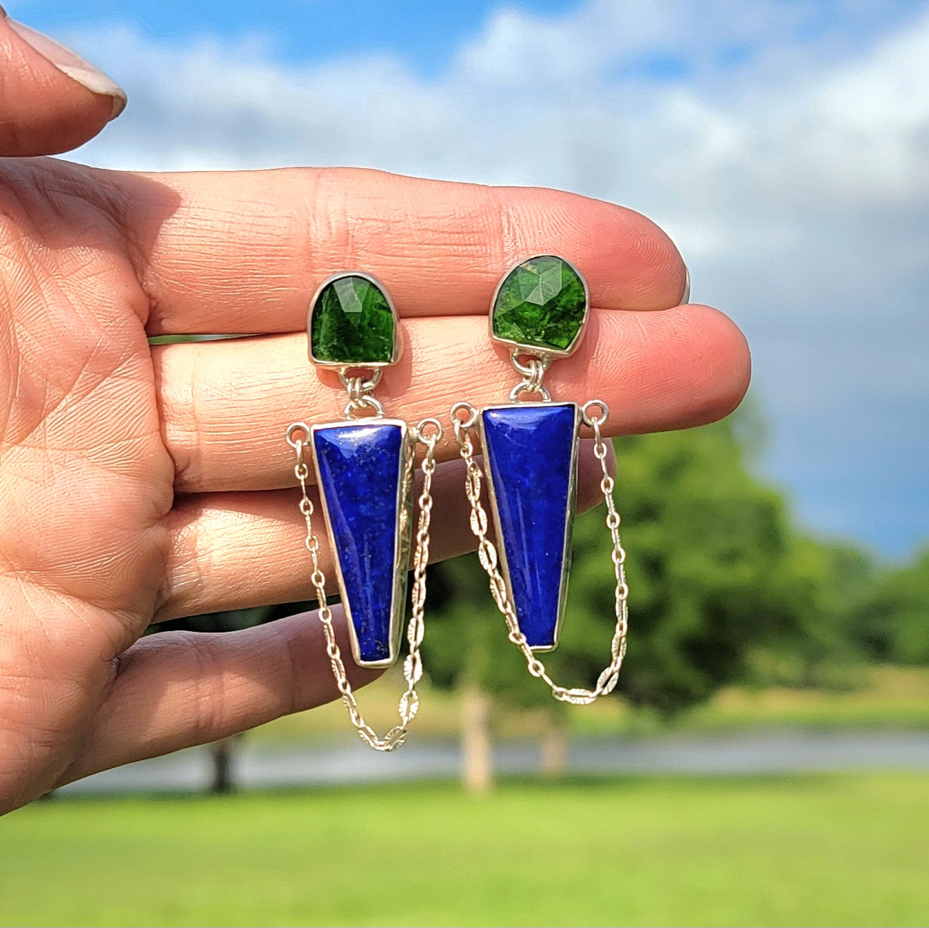 Lapis Lazuli, Chrome Diopside and Sterling Earrings