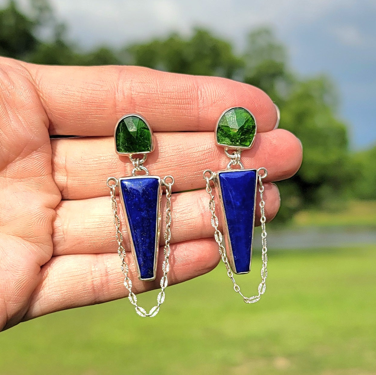 Lapis Lazuli, Chrome Diopside and Sterling Earrings