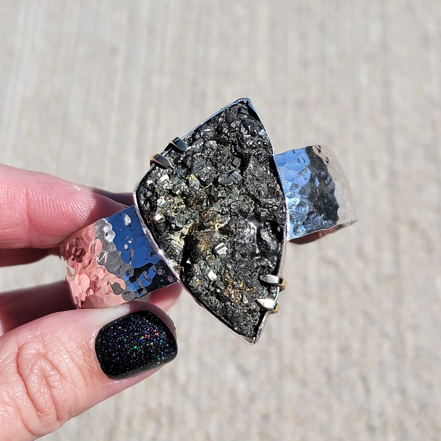 Pyrite Druzy Cabochon with wide Hammered Sterling Band