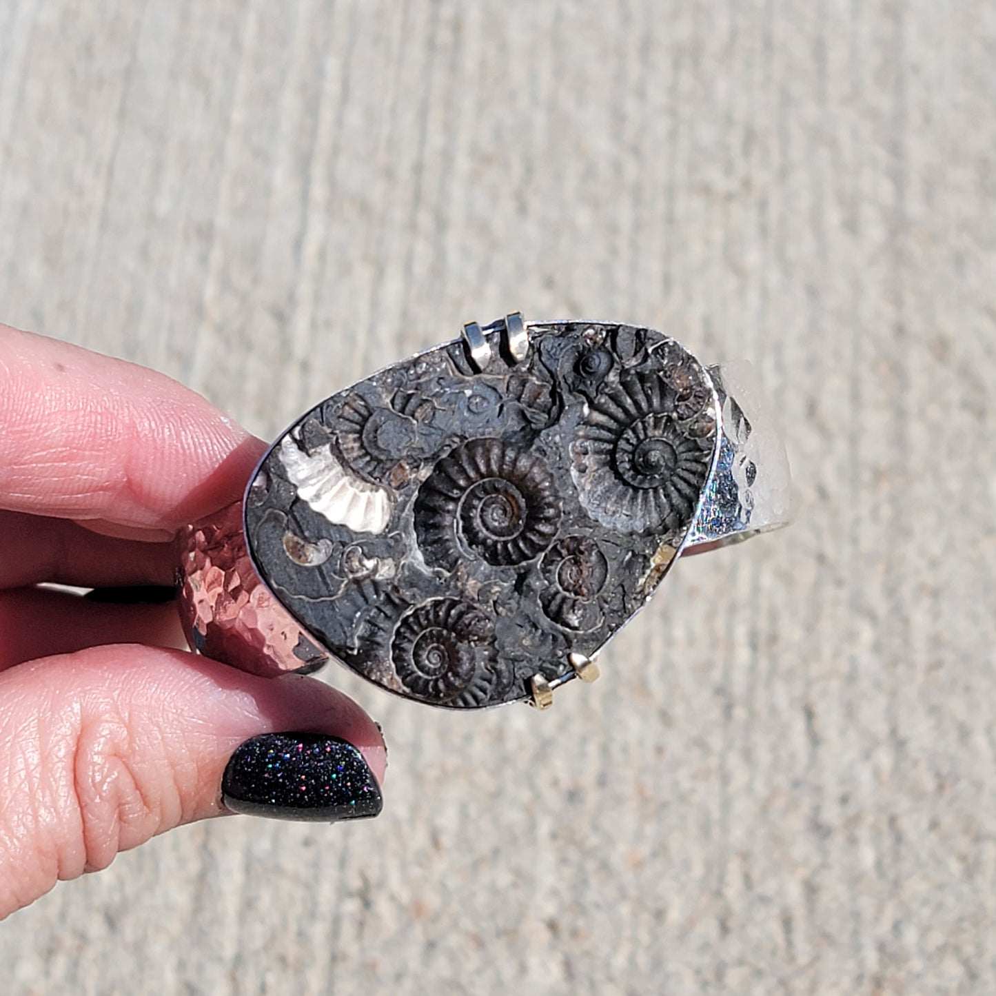 Ammonite Fossil Cuff with wide Hammered Sterling Band