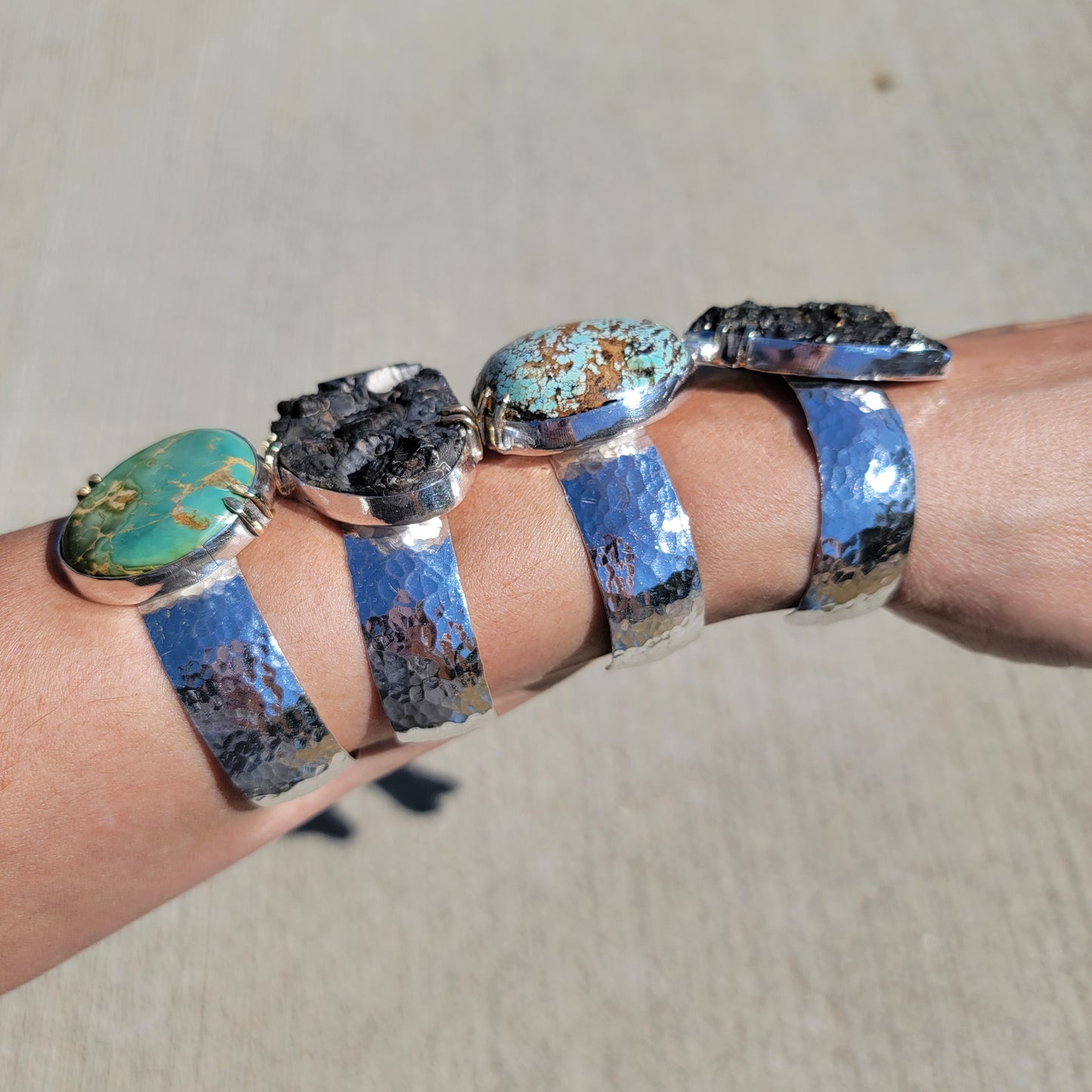 Ammonite Fossil Cuff with wide Hammered Sterling Band