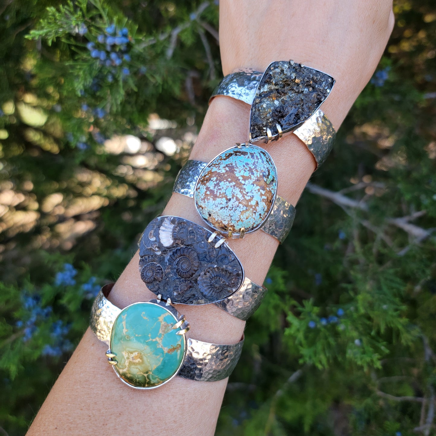 Ammonite Fossil Cuff with wide Hammered Sterling Band