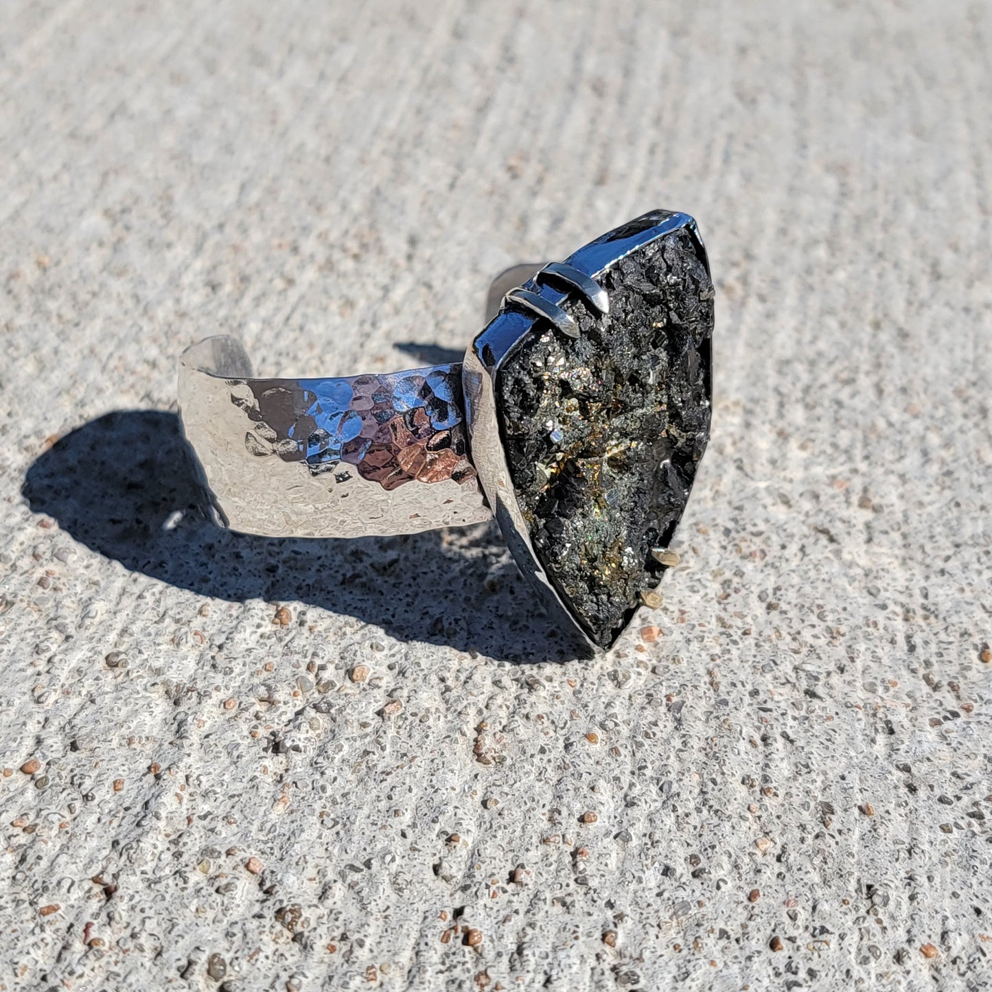 Pyrite Druzy Cabochon with wide Hammered Sterling Band