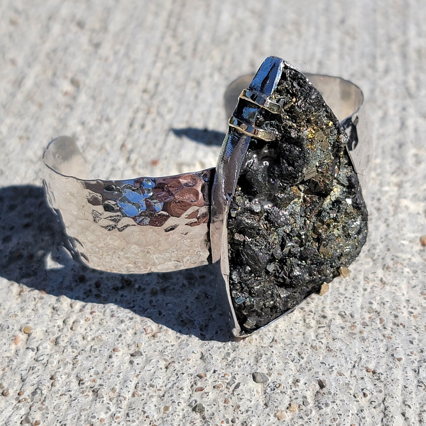 Pyrite Druzy Cabochon with wide Hammered Sterling Band