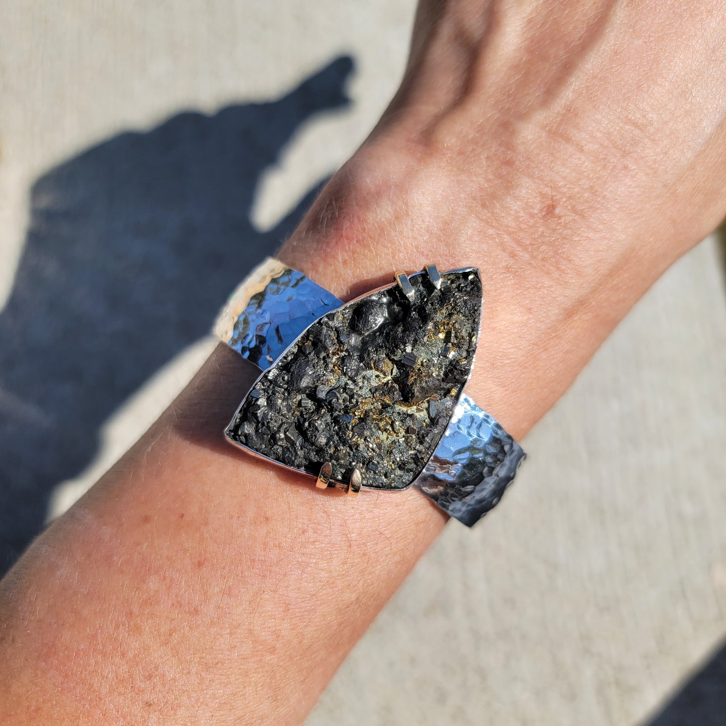 Pyrite Druzy Cabochon with wide Hammered Sterling Band