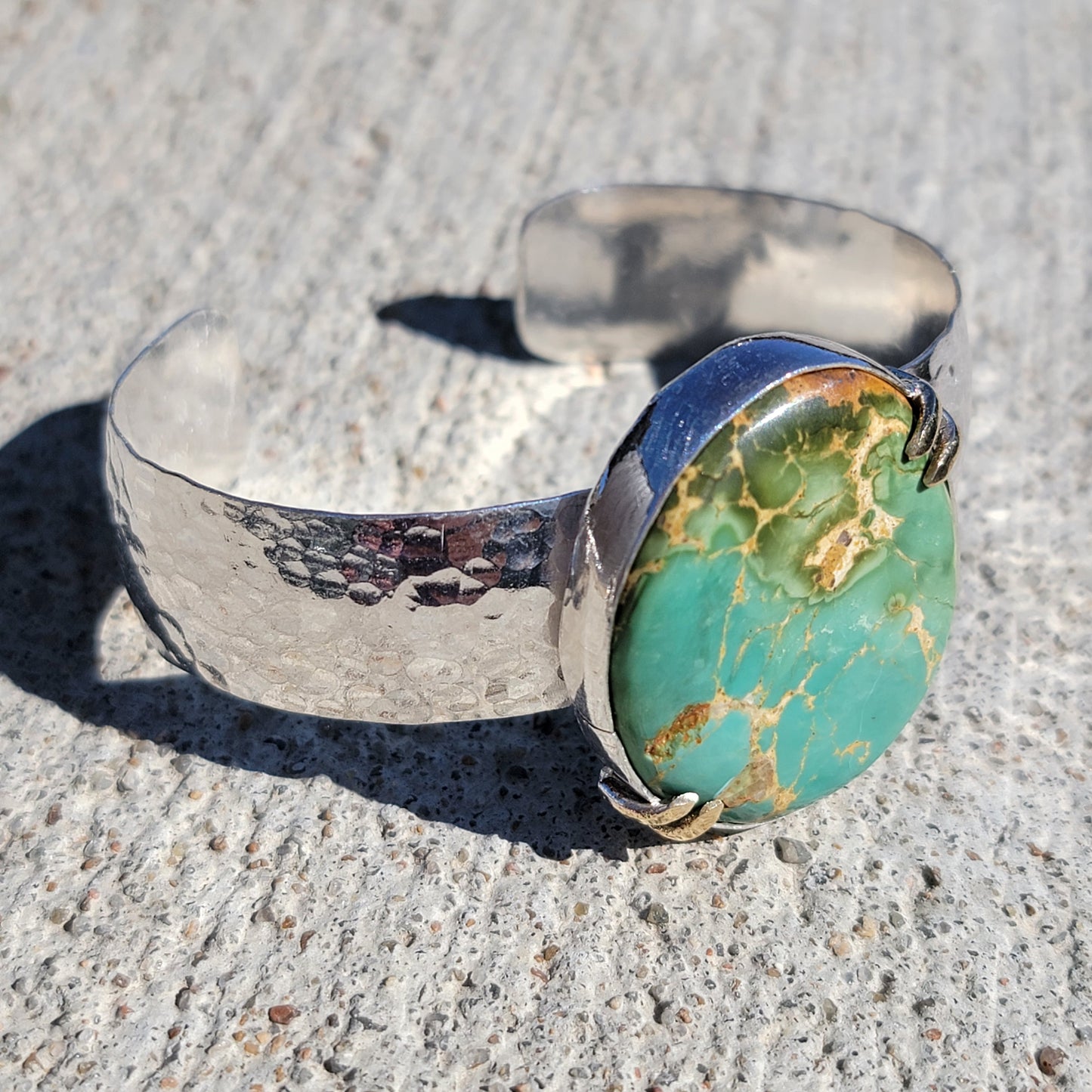 Royston Turquoise Cuff with wide Hammered Sterling Band