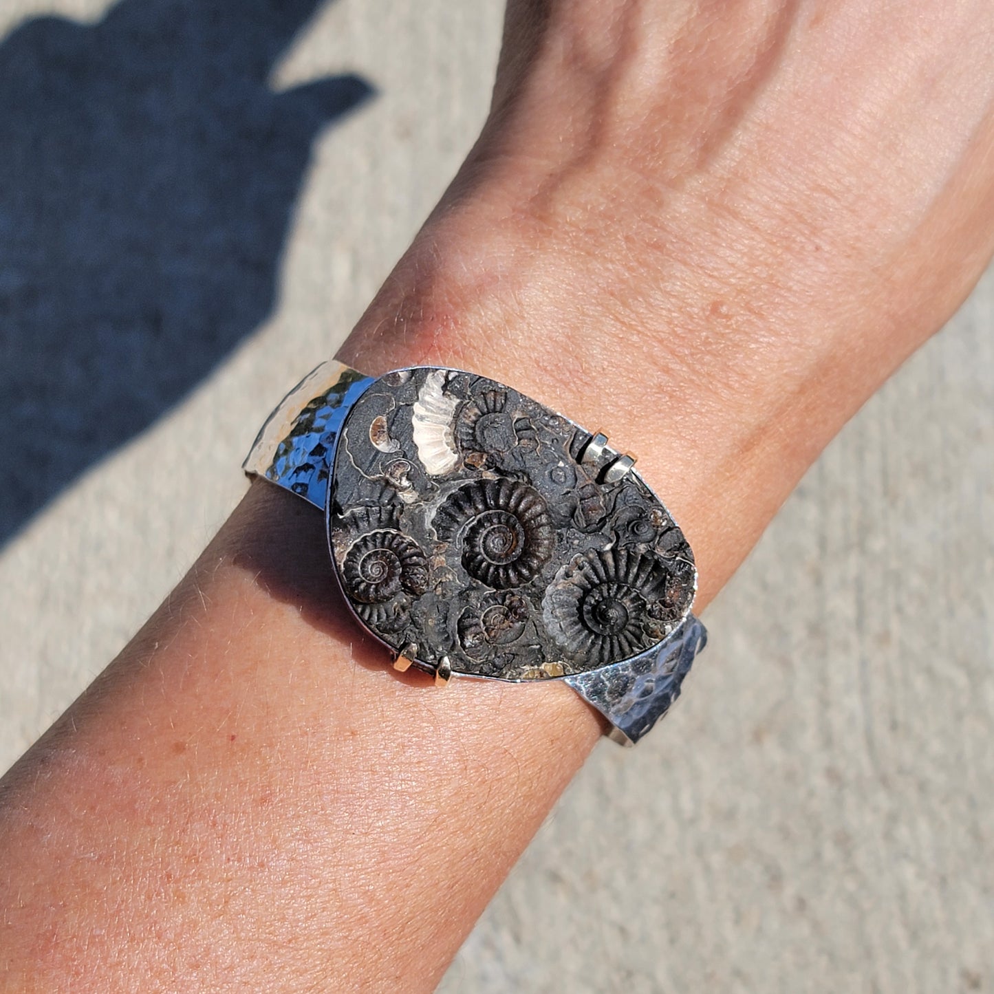 Ammonite Fossil Cuff with wide Hammered Sterling Band