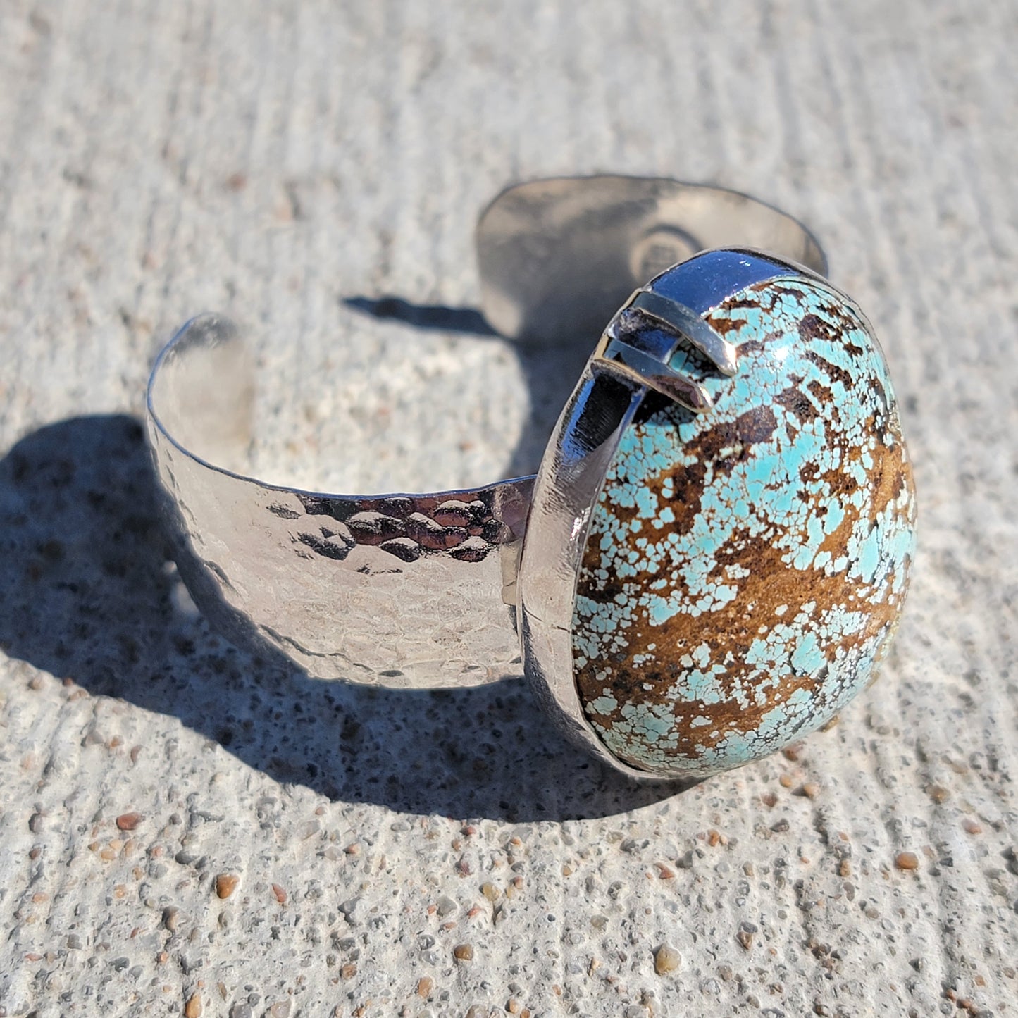 Number 8 Turquoise Cuff with wide Hammered Sterling Band