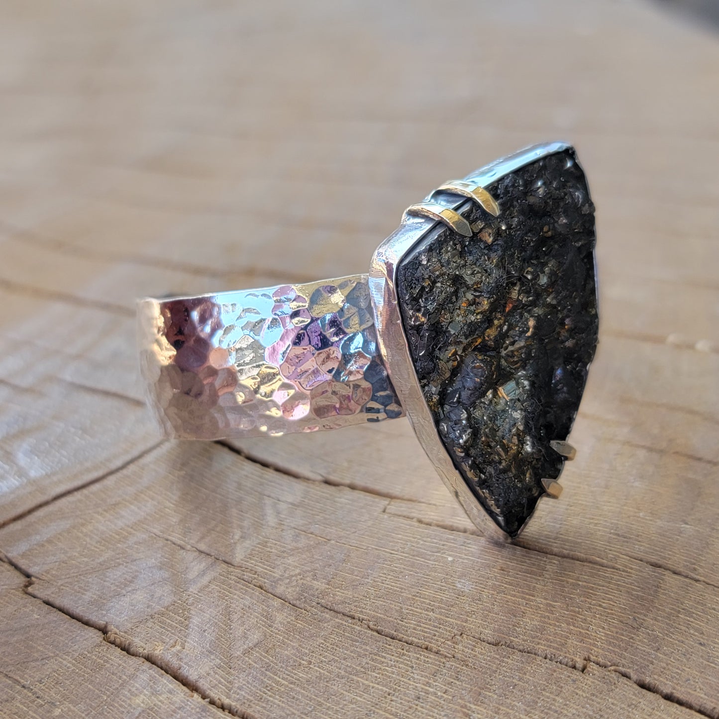 Pyrite Druzy Cabochon with wide Hammered Sterling Band