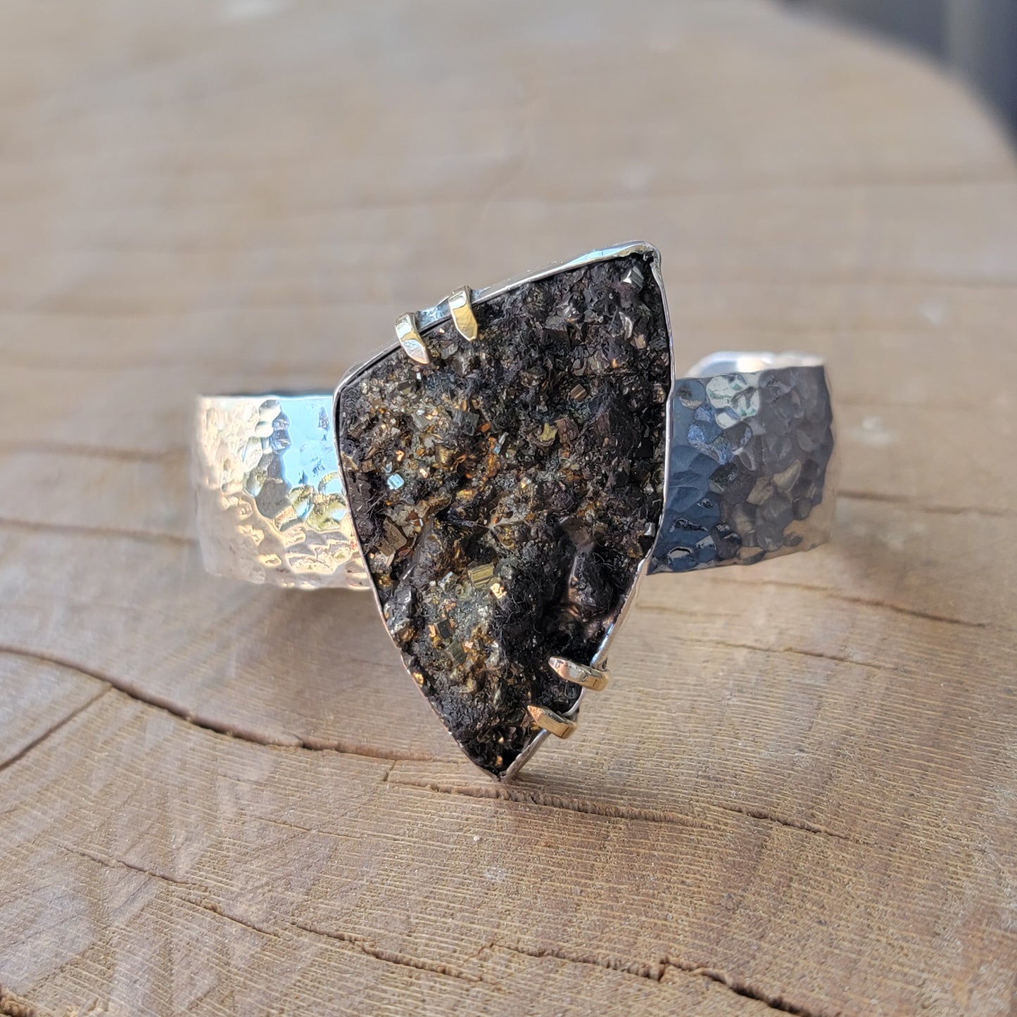 Pyrite Druzy Cabochon with wide Hammered Sterling Band