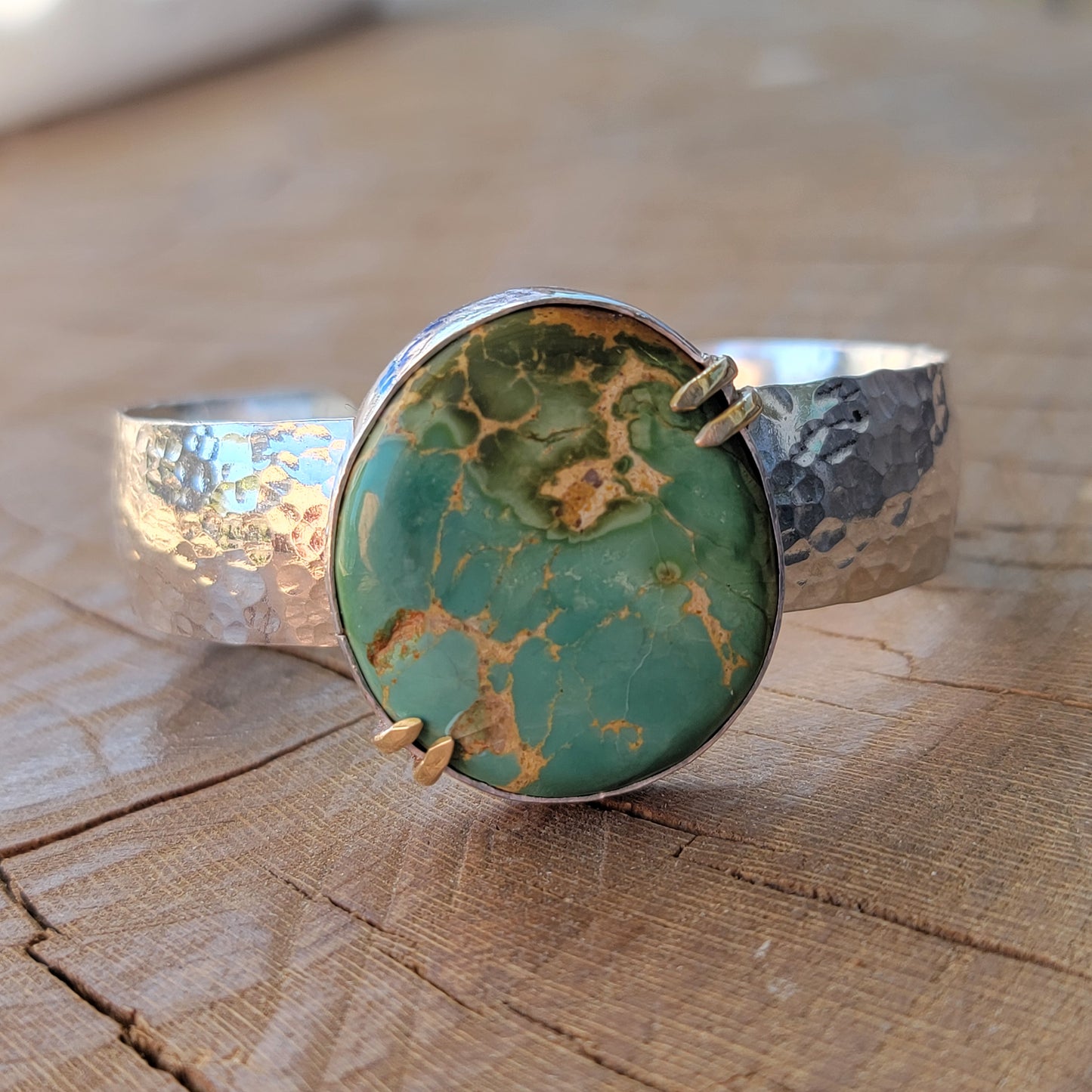 Royston Turquoise Cuff with wide Hammered Sterling Band