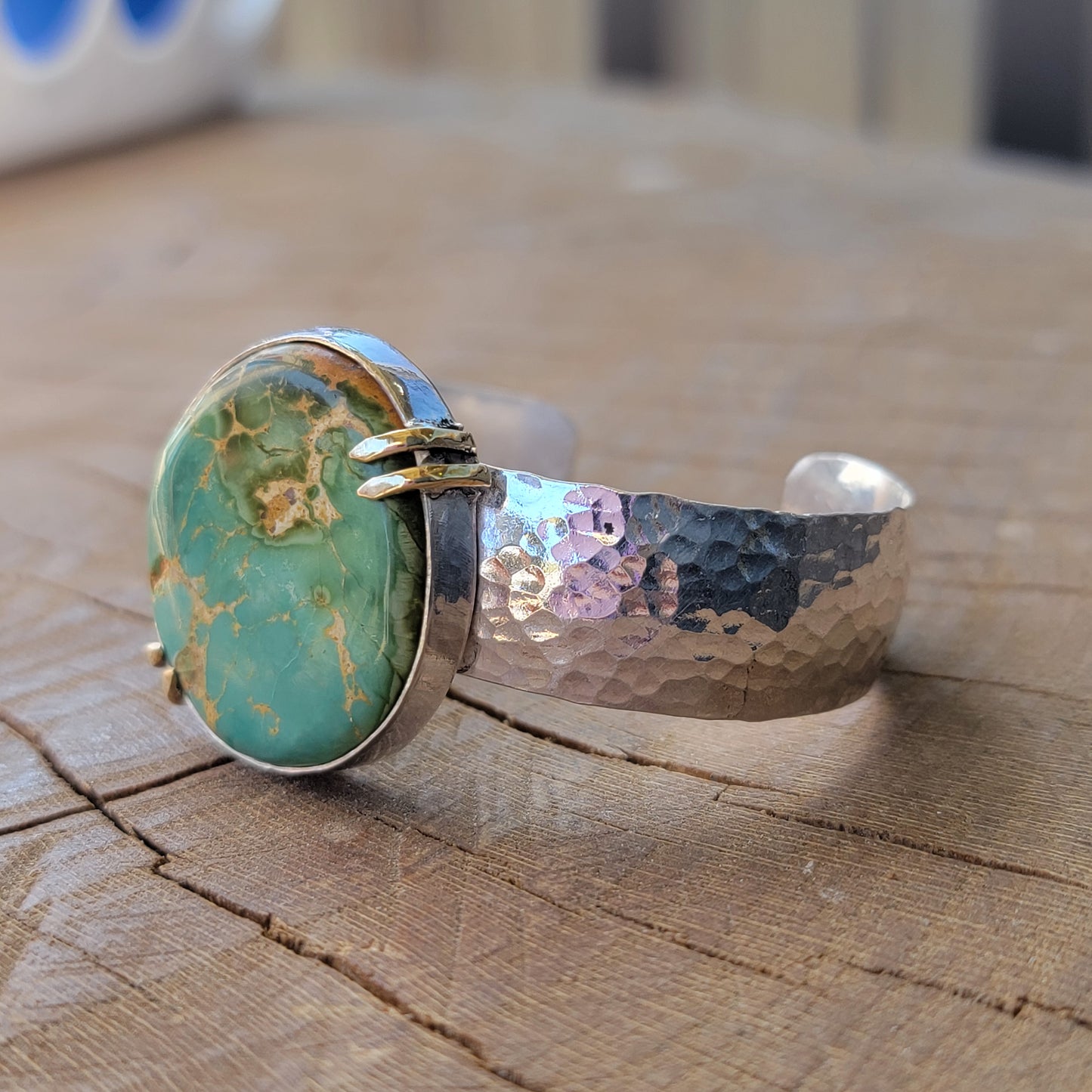 Royston Turquoise Cuff with wide Hammered Sterling Band