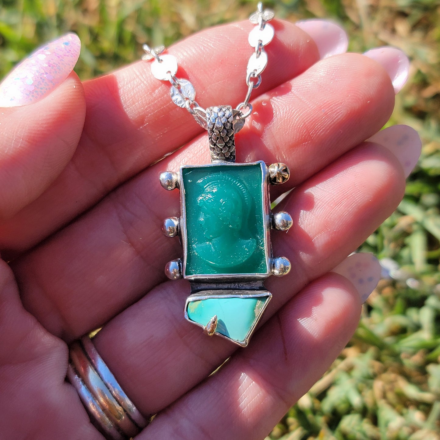 Royston Turquoise, Roman Itaglio 14k and Sterling Pendant