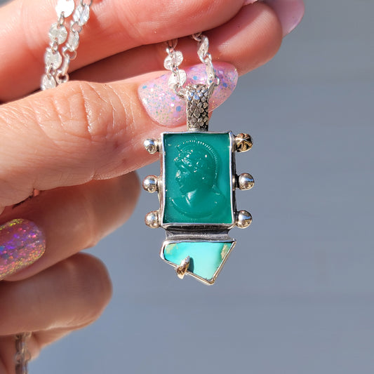 Royston Turquoise, Roman Itaglio 14k and Sterling Pendant