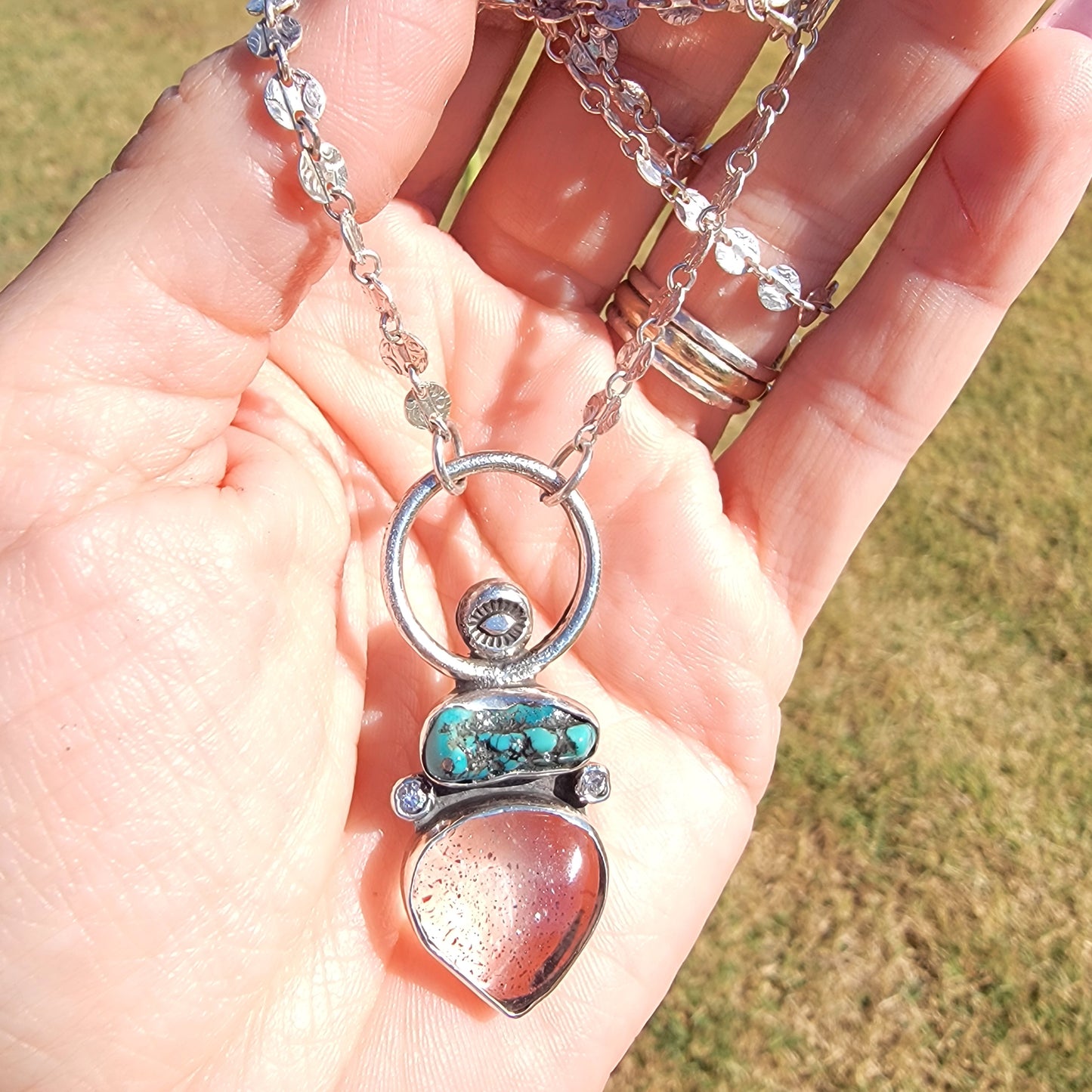 Turquoise Nugget, Included Quartz, CZ and Sterling Pendant