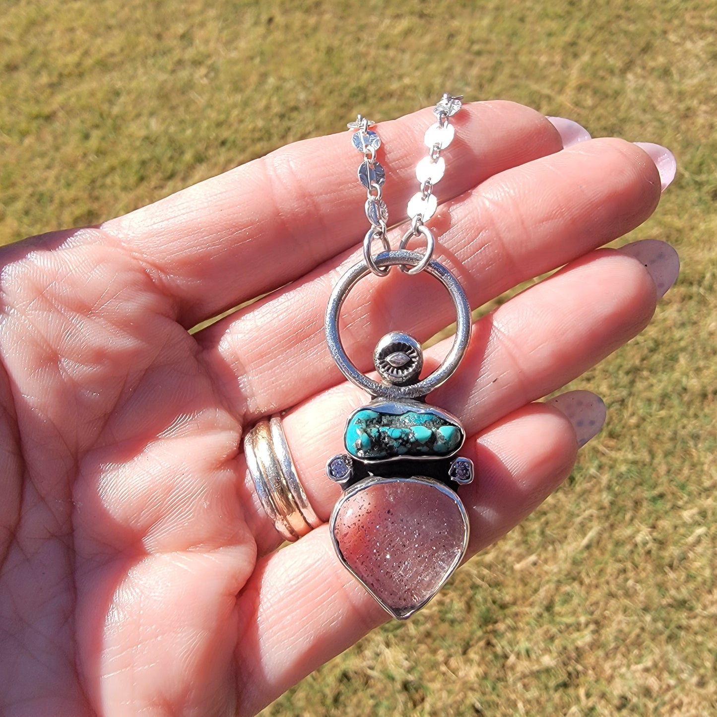 Turquoise Nugget, Included Quartz, CZ and Sterling Pendant