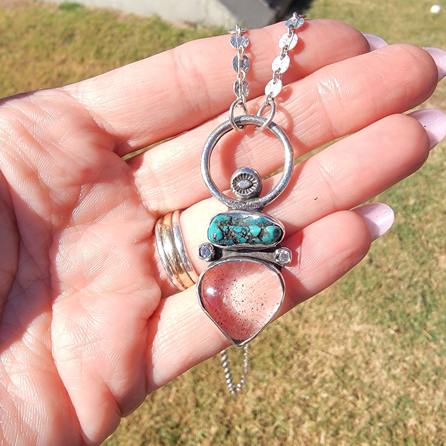 Turquoise Nugget, Included Quartz, CZ and Sterling Pendant