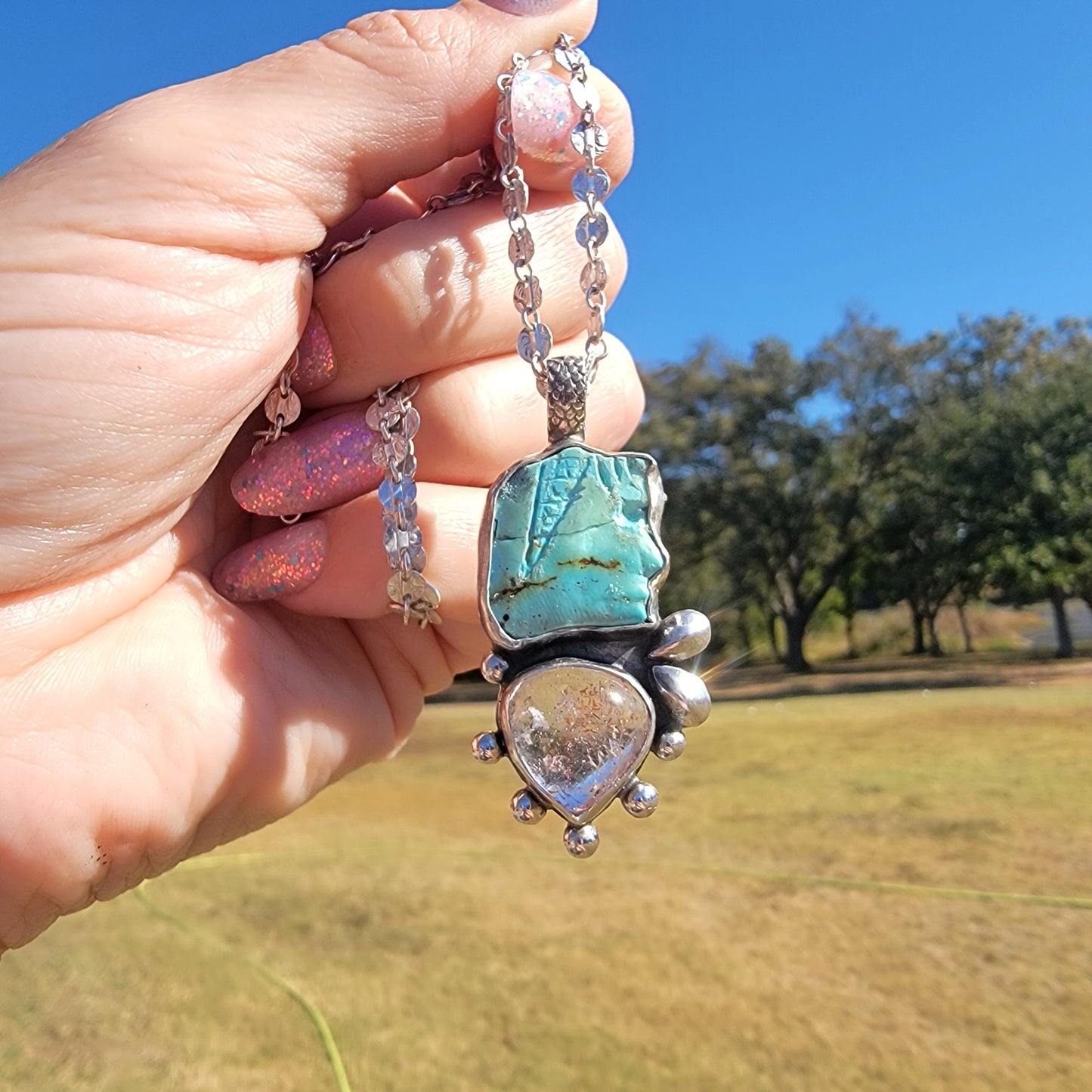 Vintage Lone Mountain Carved Turquoise, Included Quartz and Sterling Pendant